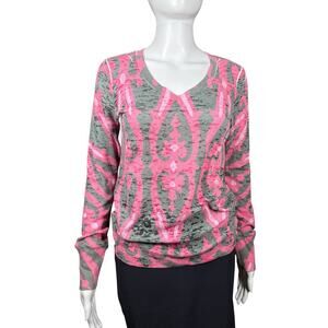 Before + Again Pink Gray Long Sleeve Patterned Waffle Top Small